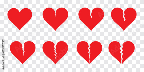 Red broken heart icon set. Cracked love hearts in bold red color. Emotional pain, sad love, and heartbreak vector collection.