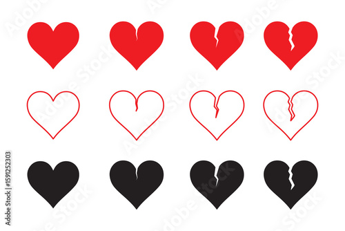 Red black broken heart icon set. Cracked love hearts in bold red color. Emotional pain, sad love, and heartbreak vector collection.