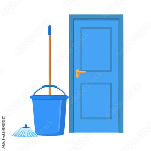 A blue cleaning bucket with a detached broom head and handle standing beside a closed blue door.