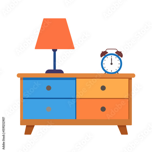 A colorful wooden nightstand with four drawers, an orange lamp, and a blue twin-bell alarm clock.