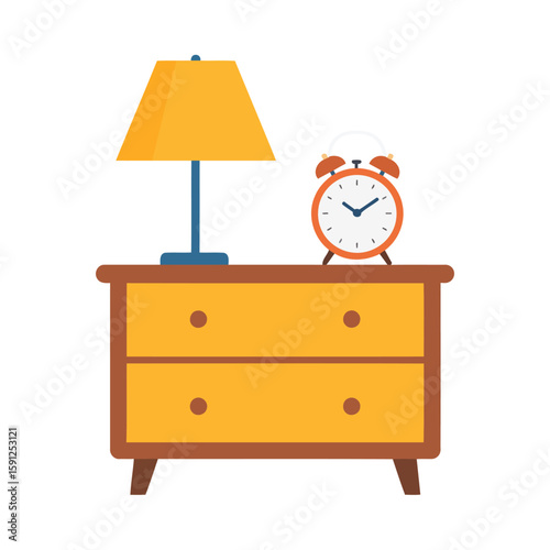 Flat design illustration of a yellow wooden nightstand with a table lamp and an orange alarm clock.