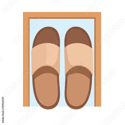 A pair of simple brown and beige open-toed slide slippers, top-down flat illustration.