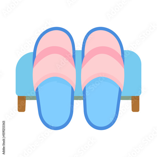 A pair of pink and blue open-toed house slippers resting on a small light blue bench.
