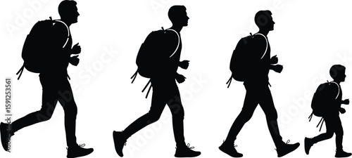Silhouettes of travelers with backpacks walking represent adventures and symbolize family journeys together in a vector art design.