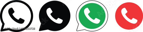 Call Icons Set in Speech Bubble Black, Green, Red on a Transparent Background