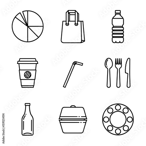 bottle, coffee cup and utensils vector icon , Graphic icons showing a pie chart, bag, bottle, coffee cup and utensils