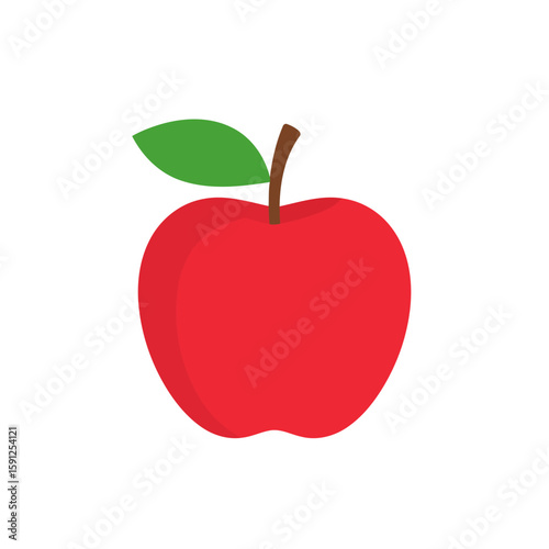 Vibrant red apple icon with a single green leaf and brown stem, depicted in a simple, flat design style.
