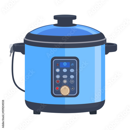 Modern blue electric pressure cooker with a digital control panel and knob.