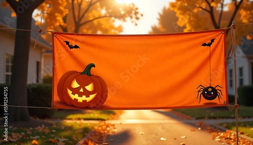 Halloween mockup, Orange Halloween banner glowing jack-o'-lantern, spiderweb, bats to ghosts, haunted house, spooky night, holiday decorations or themed web layouts, created with generative ai