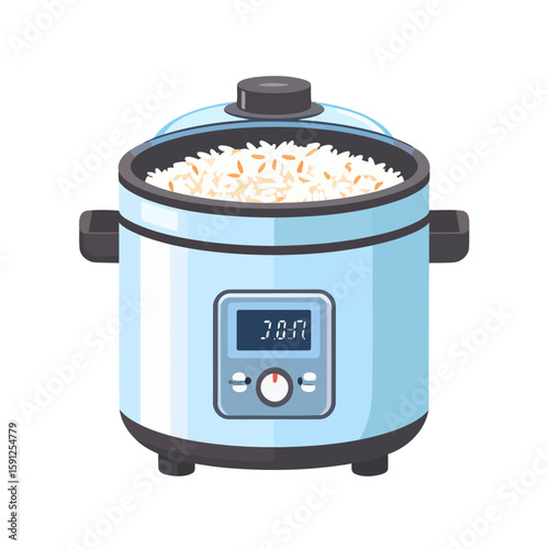 Light blue electric rice cooker with open lid, full of freshly cooked white rice and a digital display.