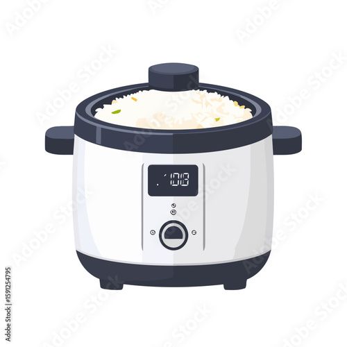 Modern white electric rice cooker with a digital display, filled with freshly cooked fluffy rice.