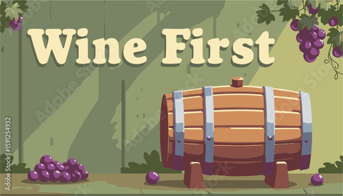 Wine barrel surrounded by grapes and vines in playful style, featuring bright green and purple colors, representing vineyard and winery concept of beverage or food industry