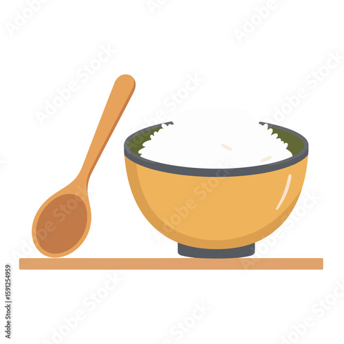 A yellow ceramic bowl of steamed white rice with a wooden spoon, in a simple flat illustration style.