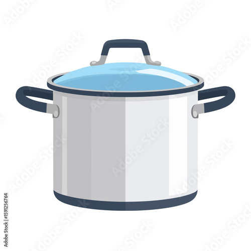 Modern grey enamel stockpot with a transparent blue glass lid and dark blue handles, front view.