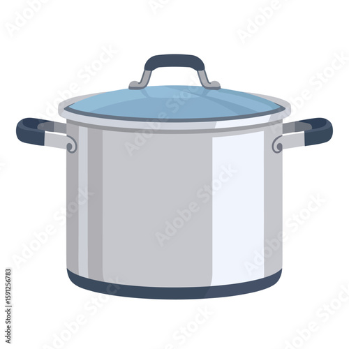 Large silver metal stockpot with a transparent blue glass lid and dark blue handles.