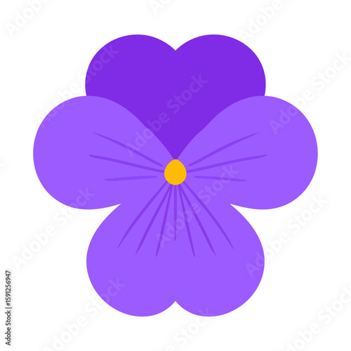Stylized purple pansy flower illustration with a heart-shaped top petal and yellow center.