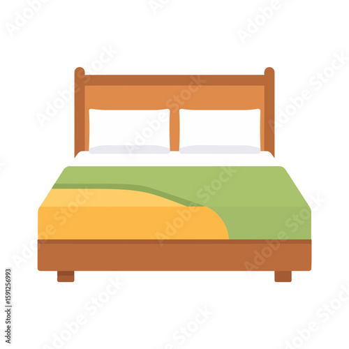 Wooden double bed with two pillows and a colorful green and yellow wavy comforter.