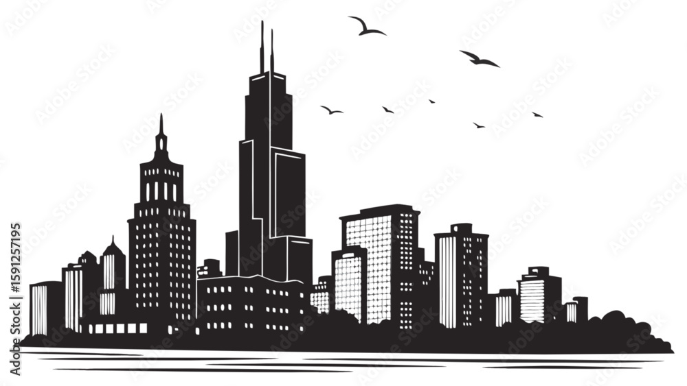 Naklejka premium Black and white cityscape skyline illustration with skyscrapers and birds flying in the sky vector image