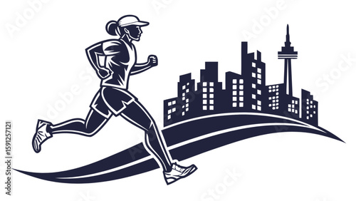 Woman running marathon in city skyline vector illustration for fitness and healthy lifestyle concept design