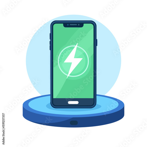 Modern smartphone with a lightning bolt icon on its green screen, charging on a blue wireless pad.