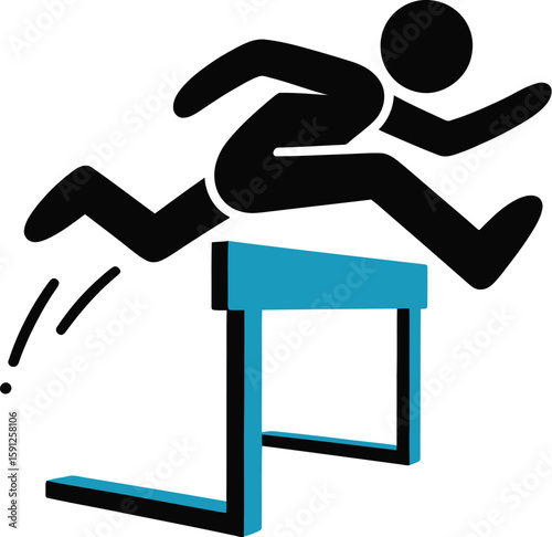 Stick figure athlete jumping over a blue hurdle in a stylized graphic representation on white background
