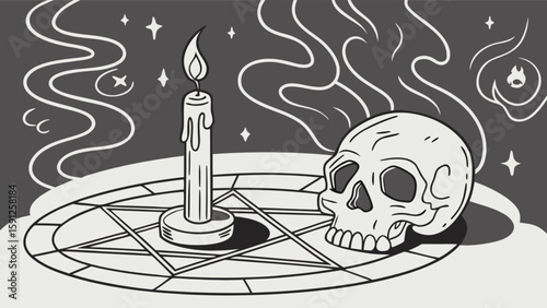 Skull pentagram candle magic occult ritual illustration vector graphic design for halloween and witchcraft theme