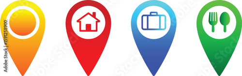  gradient color Map Pin Icon Set – Location Markers for Home, Work, Restaurant in GPS Vector Style