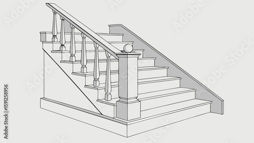 Illustration of a staircase with balusters and handrail for home interior design and architectural plans drawing