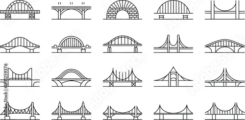 Collection of bridge icons in line art style showing various structural designs on a light gray background