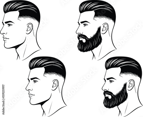 Elegant black and white illustration showcasing diverse men's hairstyles and beard styles on a clean white background.