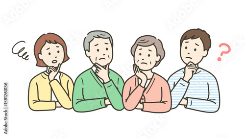何かを考えて悩んでいる高齢者夫婦と若い夫婦
