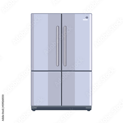 Modern silver four-door French door refrigerator with vertical handles, vector illustration.