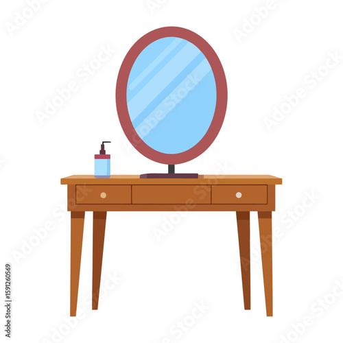 Classic wooden dressing table with an oval mirror and a cosmetic dispenser bottle.