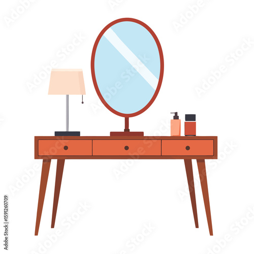 Retro wooden vanity table with an oval mirror, lamp, and cosmetic products. Mid-century modern style furniture illustration.