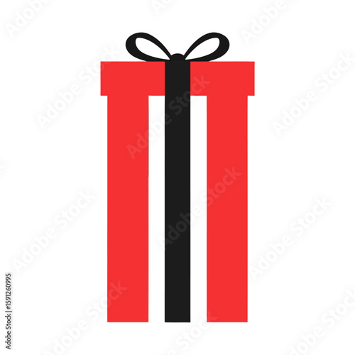 A tall, rectangular red gift box wrapped with a vertical black ribbon and a simple bow on top.