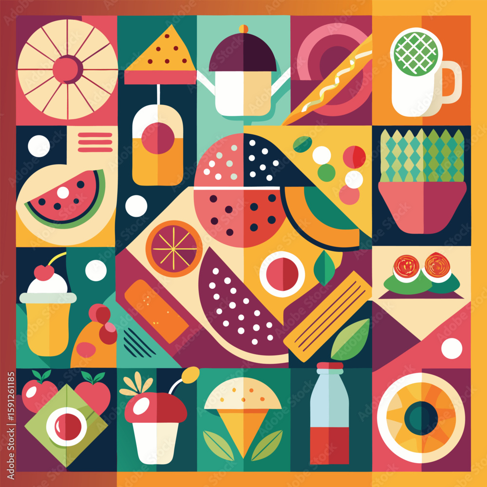 Fototapeta premium Abstract geometric food in square tiles. Fruits and vegetables. Coffee wine cocktail burger pizza sushi muffin hot dog shrimp noodles racy vector set