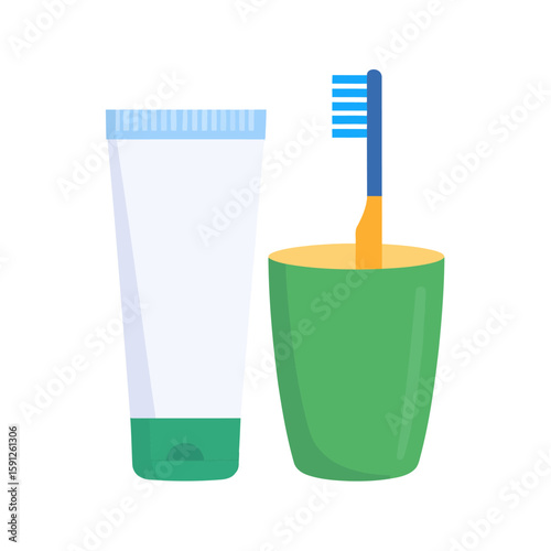 Colorful dental hygiene set: blue toothbrush in a green cup next to a white and green toothpaste tube.
