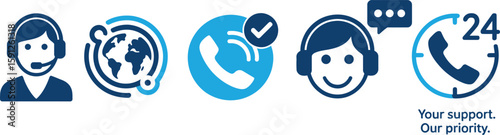 Customer Service Icons Headset Agent, Global Network, 24/7 Support in Blue Color