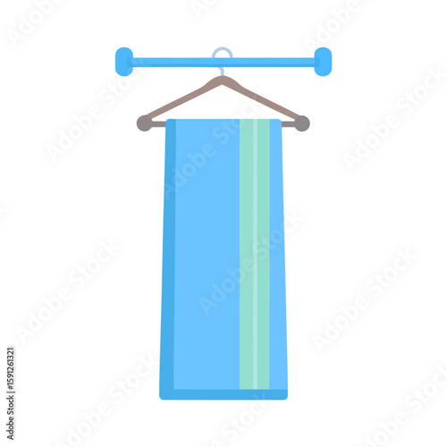 Blue striped towel folded on a brown hanger, suspended from a simple blue wall-mounted towel rack.