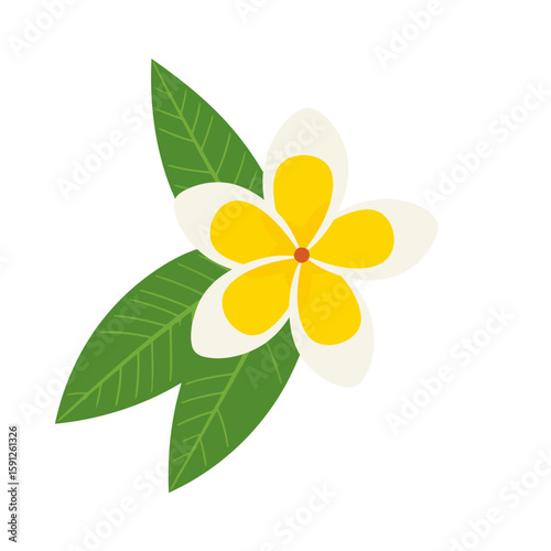 Stylized plumeria flower with white-tipped yellow petals and two green veined leaves.