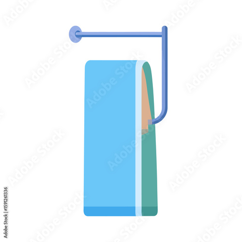 A light blue bath towel neatly folded and hanging on a modern blue wall-mounted rack.