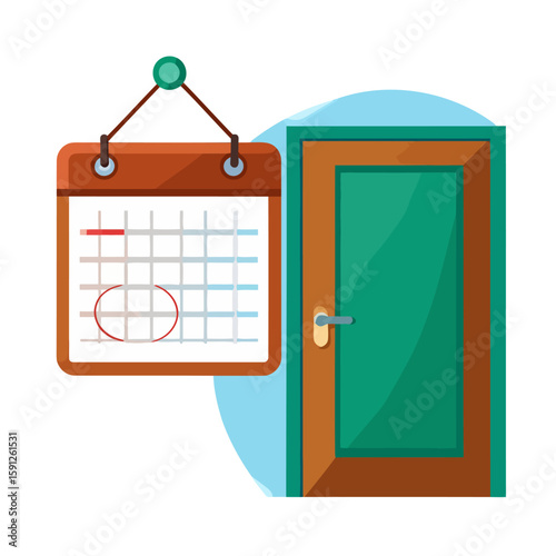 Vector illustration of a hanging calendar with a marked date next to a green door, symbolizing an appointment or deadline.
