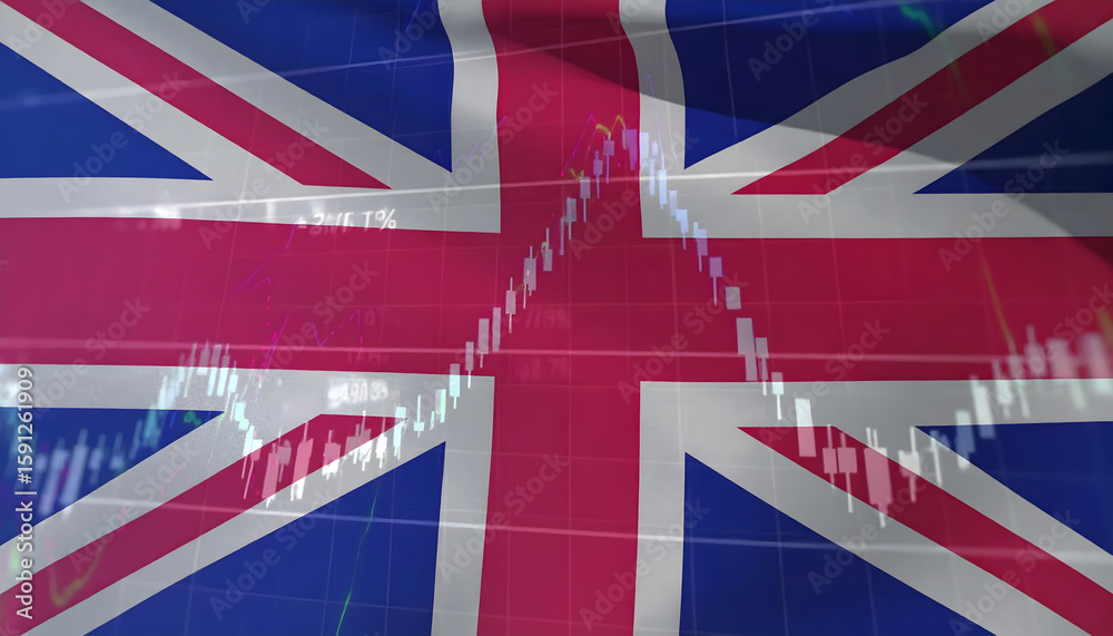 Fototapeta premium United Kingdom Flag with Stock Market Graph Overlay