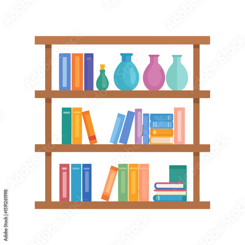 A three-tiered wooden bookshelf filled with colorful books and decorative vases in a flat vector style.