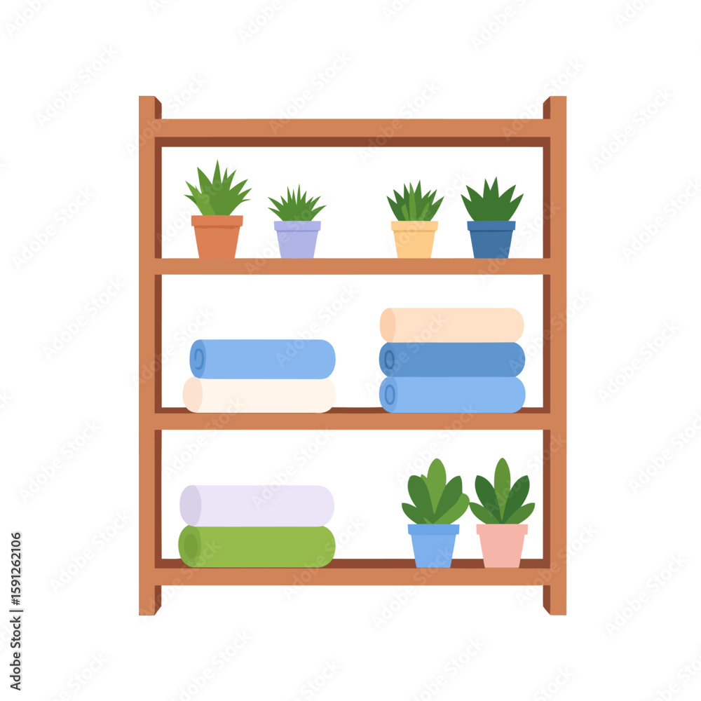 Fototapeta premium Wooden shelving unit with colorful rolled towels and various small potted succulent plants.