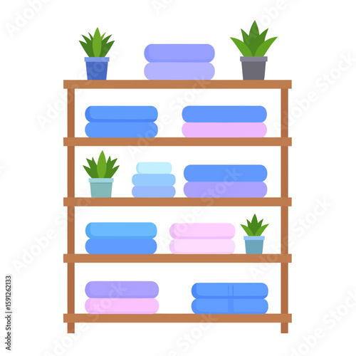 Wooden shelving unit with neatly folded colorful towels and small potted succulent plants. Flat vector illustration of bathroom or laundry room storage.