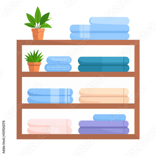 Flat vector illustration of a wooden shelf with neatly folded colorful towels and two small green houseplants.