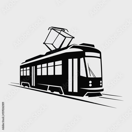An elegant black and white illustration showcases a classic tram on its tracks, ideal for transportation and city themed designs.