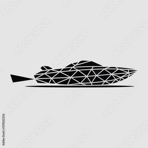 Low poly style speedboat, an abstract representation of a modern luxury yacht sailing on the water in black and white.