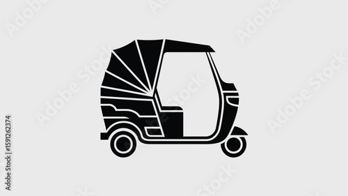 A striking black vector rendering depicts an auto rickshaw, showing Asian transportation in a simple, modern graphic design.